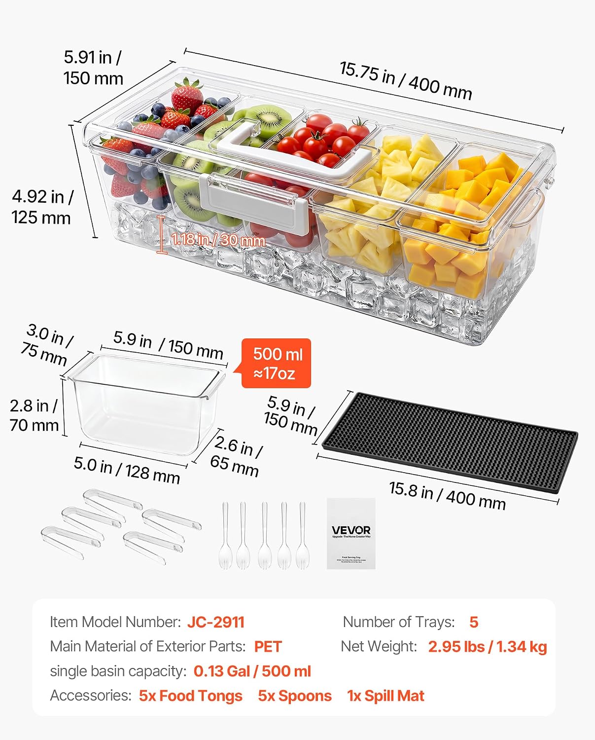 VEVOR Chilled Condiment Server Caddy, 5 Compartment Ice Cooled Serving Container, Plastic Fruit Garnish Tray Platter with Lid, for Taco Salad Bar Accessories, Party Home Restaurant Supplies