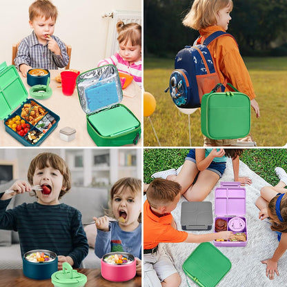 Bento Lunch Box with 8oz Soup Thermo,Kids Leakproof 4 Compartment Lunch Food Containers with Sauce Cup and Ice Pack,Kids Thermo Insulated Hot Food Jar and Lunch Bag for School,Trvael-Black