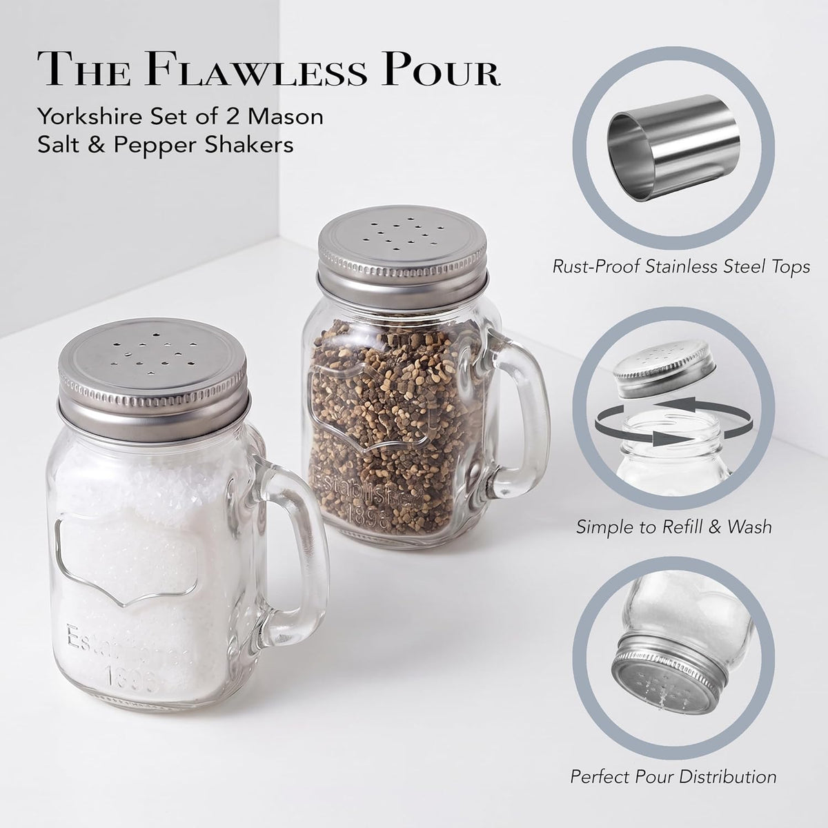 Circleware Mason Yorkshire Jar Mug Salt and Pepper Shakers with Glass Handles and Metal Lids, 5 Ounce, Set of 2 in Gift Box, Limited Edition Glassware Serveware