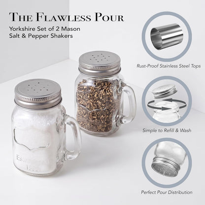 Circleware Mason Yorkshire Jar Mug Salt and Pepper Shakers with Glass Handles and Metal Lids, 5 Ounce, Set of 2 in Gift Box, Limited Edition Glassware Serveware