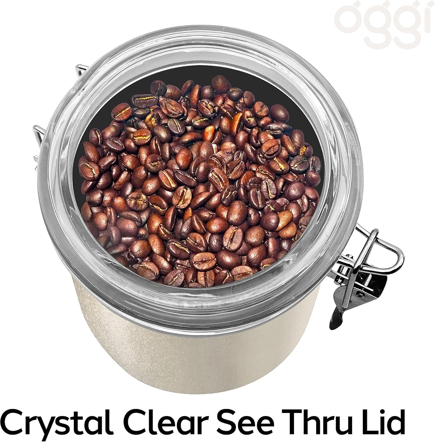 Oggi Stainless Steel Kitchen Canister 62 fl oz - Airtight Clamp Lid, Clear See-Thru Top - Ideal for Kitchen Storage, Food Storage, Pantry Storage. Large Size 5" x 7.5".