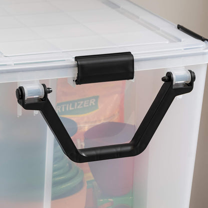 IRIS USA Storage Bins with Lids, WeatherPro Wheeled 106 Qt, Plastic, 3 Pack | Weather-tight gasket, wheels, and secure latches protect camping gear, tools, holiday décor, clothing, and documents.