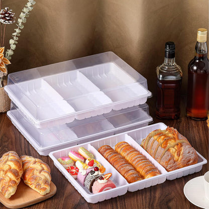 Shellwei 5 Pack Extra Large Charcuterie Board with Lid 15 x 10 Inch 3 Section Divided Catering Trays with Lids Large Disposable Travel Catering Serving Trays Platter (White)