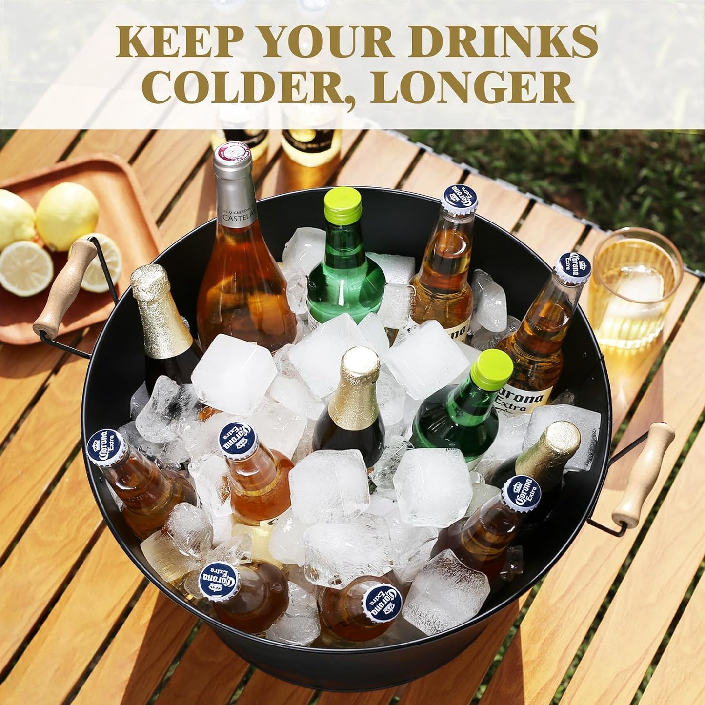 5.5 Gallon Large Beverage Tubs for Parties, 21L Galvanized Ice Bucket with Wooden Handles for Beer, Wine, Cocktails & Outdoor Events -Black