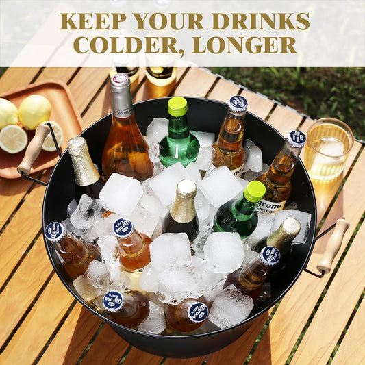 5.5 Gallon Large Beverage Tubs for Parties, 21L Galvanized Ice Bucket with Wooden Handles for Beer, Wine, Cocktails & Outdoor Events -Black