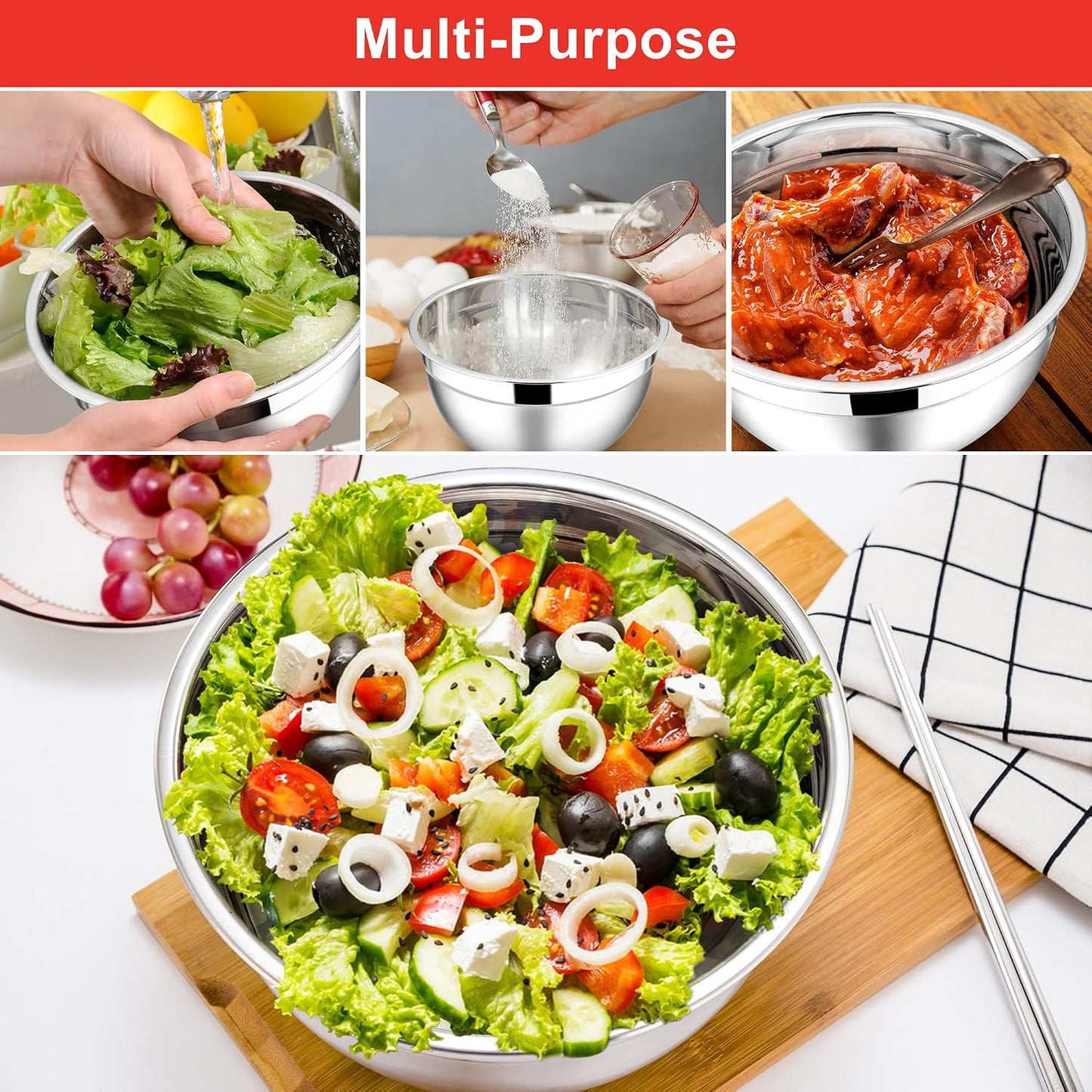 E-far Mixing Bowls With Lids Sets of 5, 10-Piece Stainless Steel Salad Metal Nesting Bowl for Baking Cooking and Prepping, Airtight Lid & Stackable Design, Size 4.6, 3, 2.1, 1.5, 0.7 QT, Black