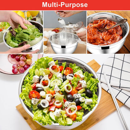 E-far Mixing Bowls With Lids Sets of 5, 10-Piece Stainless Steel Salad Metal Nesting Bowl for Baking Cooking and Prepping, Airtight Lid & Stackable Design, Size 4.6, 3, 2.1, 1.5, 0.7 QT, Black