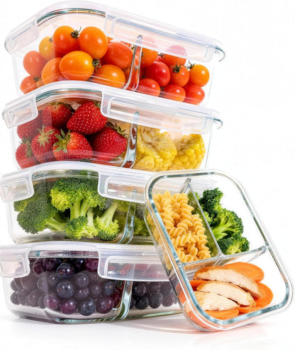 Glass Meal Prep Containers 5 Pack - Lunch Boxes with Leakproof Lids, Food Storage Containers, Bento Boxes, Gray (3 Compartment)