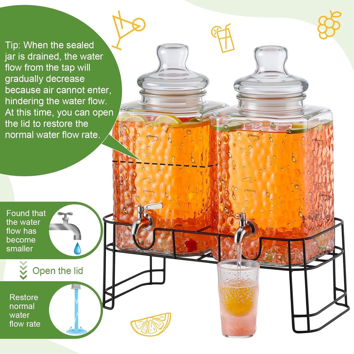 Honeydak 1.5 Gallon Glass Beverage Dispenser with Stand Stainless Steel Spigot Glass Lid Clear Iced Juice Container Leakproof Drink Dispenser Countertop Lemonade Water Jar for Wedding Party (3 Pack)