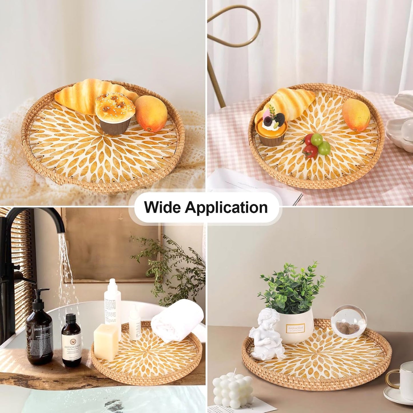 Round Rattan Tray with Mother of Pearl Inlay, Rattan Serving Tray for Coffee, Bread, Fruits, Decorative Wicker Tray for Table Decor, Home Decor, Kitchen Island Decor(Black Checkerboard, 11.8")