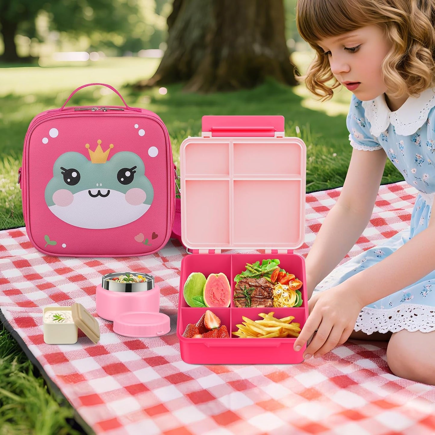 Kids Bento Lunch Box with Thermo, Include 9oz Soup Thermo, Kids Leakproof Lunch Box with 4 Compartment, Insulated Lunch Bag for Girls Boys to School Travel