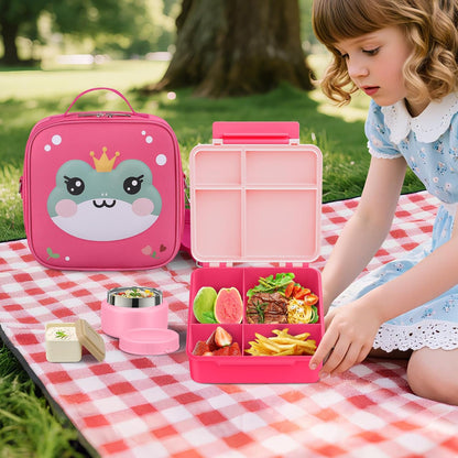 Kids Bento Lunch Box with Thermo, Include 9oz Soup Thermo, Kids Leakproof Lunch Box with 4 Compartment, Insulated Lunch Bag for Girls Boys to School Travel