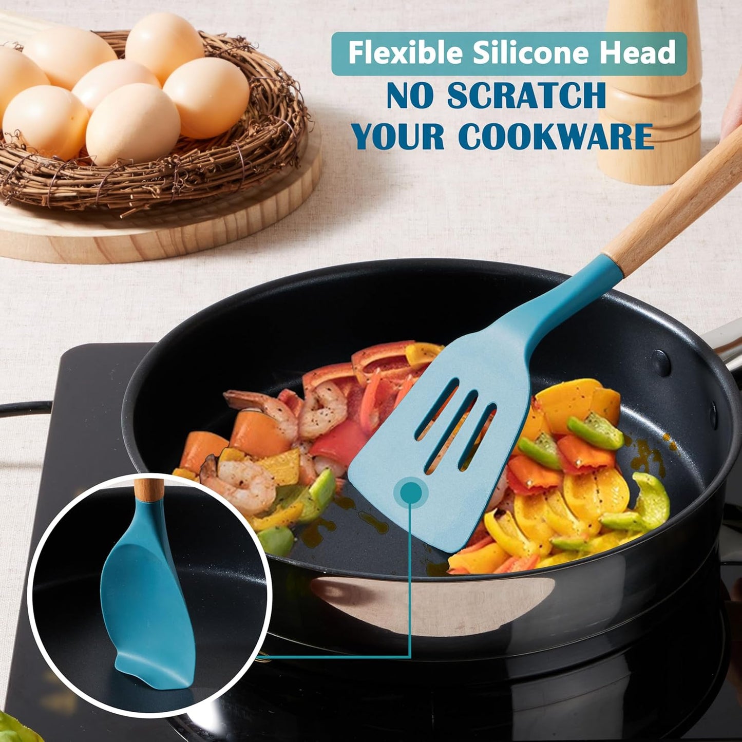 E-far Silicone Cooking Utensils Set, 5-Piece Kitchen Utensils Set with Wooden Handle for Cooking, Silicone Kitchen Nonstick Tools Spatula Turner Slotted Spoons, Nontoxic & Heat Resistant-Khaki