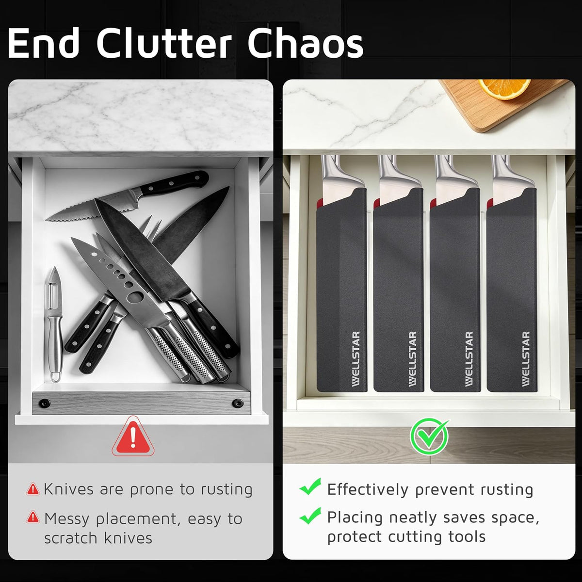 WELLSTAR Knife Edge Guards 8 Inch, Universal Blade Covers, BPA Free ABS Protective Blade Sheaths, Non-Scratch Felt Lining Kitchen Knives Covers (Knives not included)