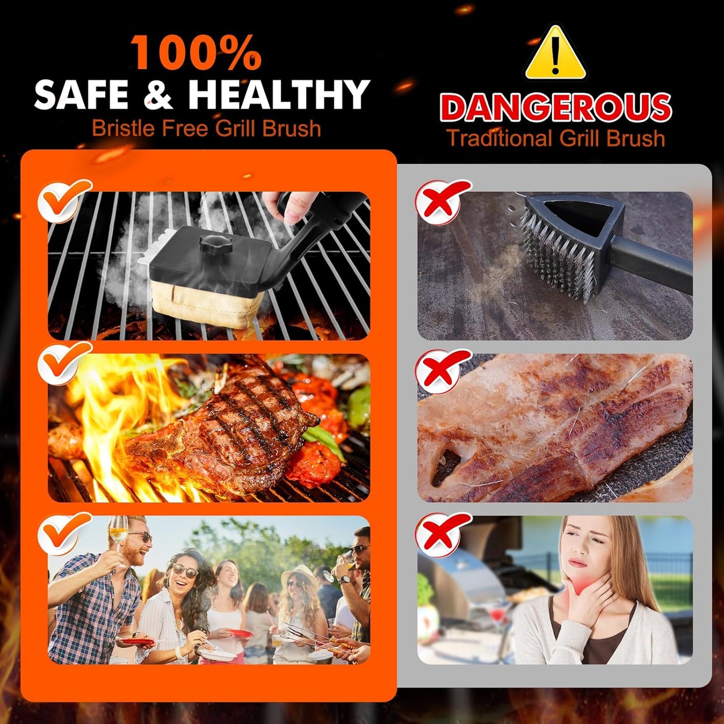 Sponge Grill Brush for Outdoor Grill, Upgraded Safe Bristle Free Grill Brush with Scraper Replaceable Head, BBQ Cleaning Brush for Dad, 1+2 Pcs