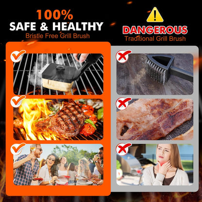Sponge Grill Brush for Outdoor Grill, Upgraded Safe Bristle Free Grill Brush with Scraper Replaceable Head, BBQ Cleaning Brush for Dad, 1+2 Pcs
