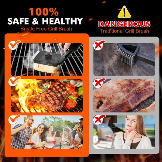 Sponge Grill Brush for Outdoor Grill, Upgraded Safe Bristle Free Grill Brush with Scraper Replaceable Head, BBQ Cleaning Brush for Dad, 1+2 Pcs
