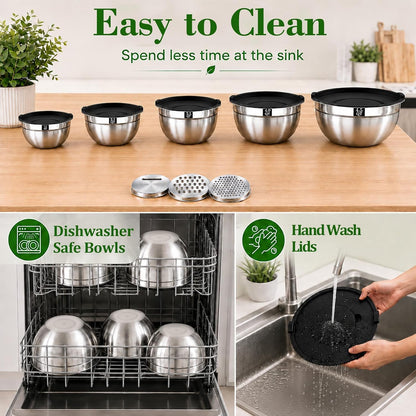 21PCS Mixing Bowls with Lids Set - 7 Nesting Mixing Bowls, 3 Graters, 11 Baking Tools, Lids, Stainless Steel Mixing Bowls for Mixing & Baking, Size 0.7/1.1/1.5/2.1/3.5/4/4.5 QT, Black