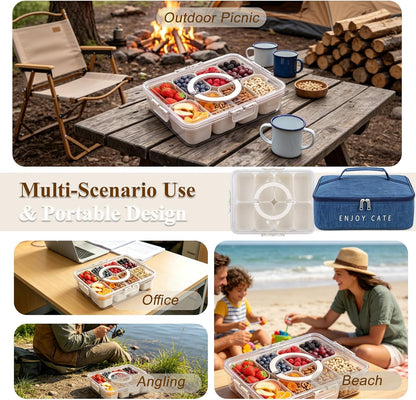 Chilled Snackle Box Container with Ice Pack, Divided Serving Tray with Lid & Handle Portable Snack Tackle Box Container with Insulated Bag 8 Compartment Clear Snacklebox for Beach Road Trip Picnic