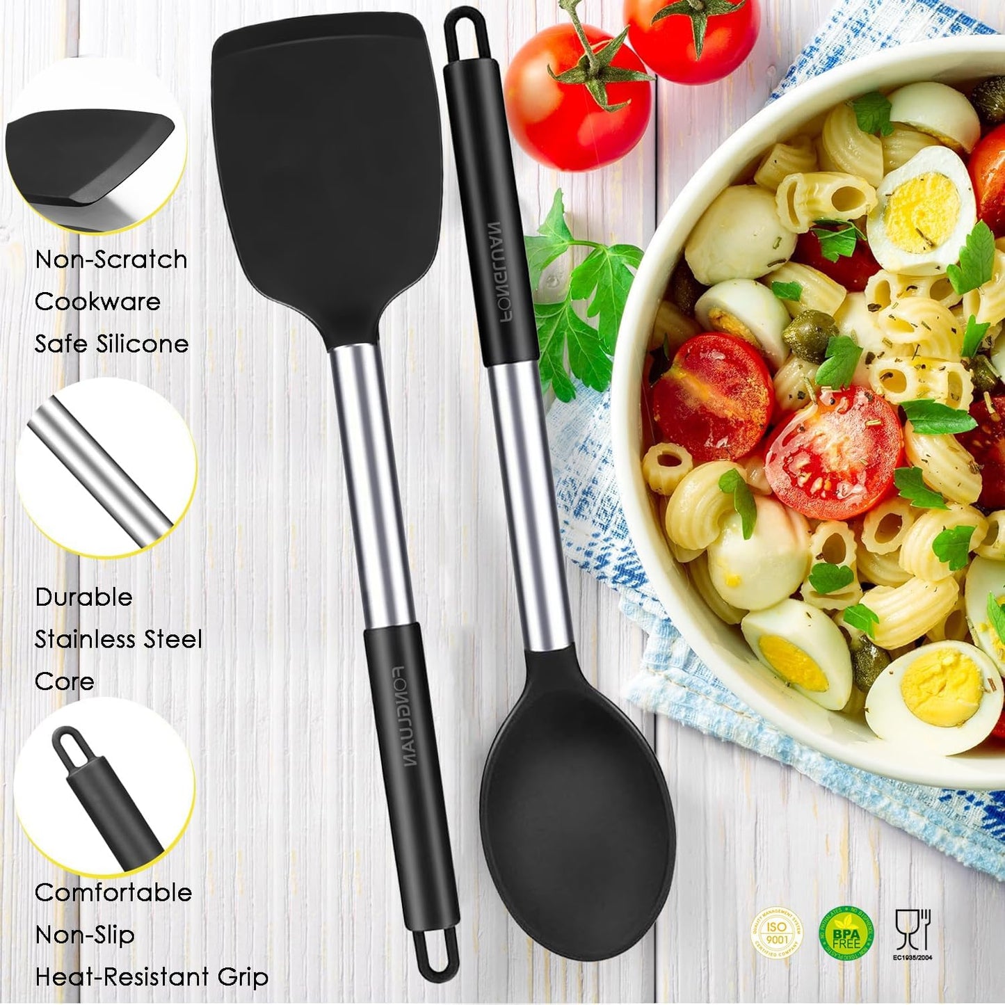 Kitchen Utensils Set of 2, Silicone Cooking Utensils, Turner/Spatula, Spoons - Heat Resistant, Nonstick Cookware, Dishwasher Safe, Black