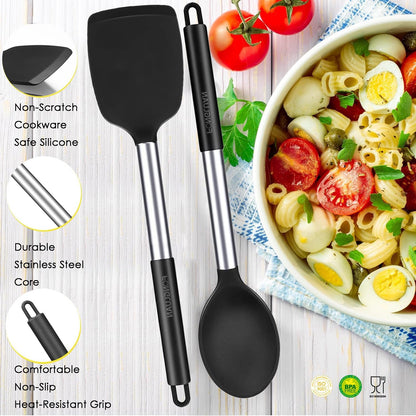 Kitchen Utensils Set of 2, Silicone Cooking Utensils, Turner/Spatula, Spoons - Heat Resistant, Nonstick Cookware, Dishwasher Safe, Black