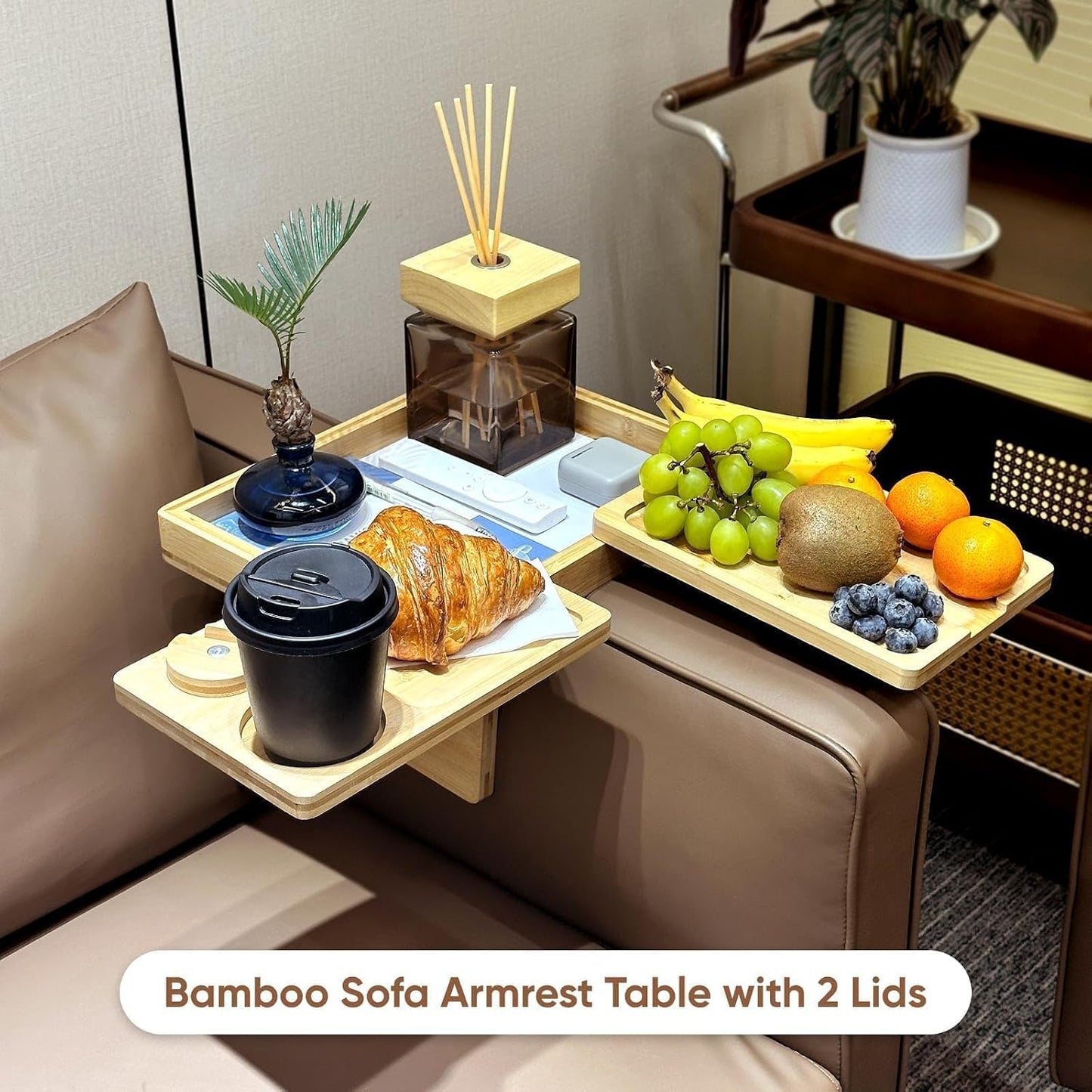 4 In 1 Bamboo Couch Arm Tray With Cup Holder, 360 Rotated Sofa Armrest Table for Couches, Armchair Caddy Organizer for Snacks & Drinks, Couch Arm Rest Table With Storage & Phone Holder for Living Room
