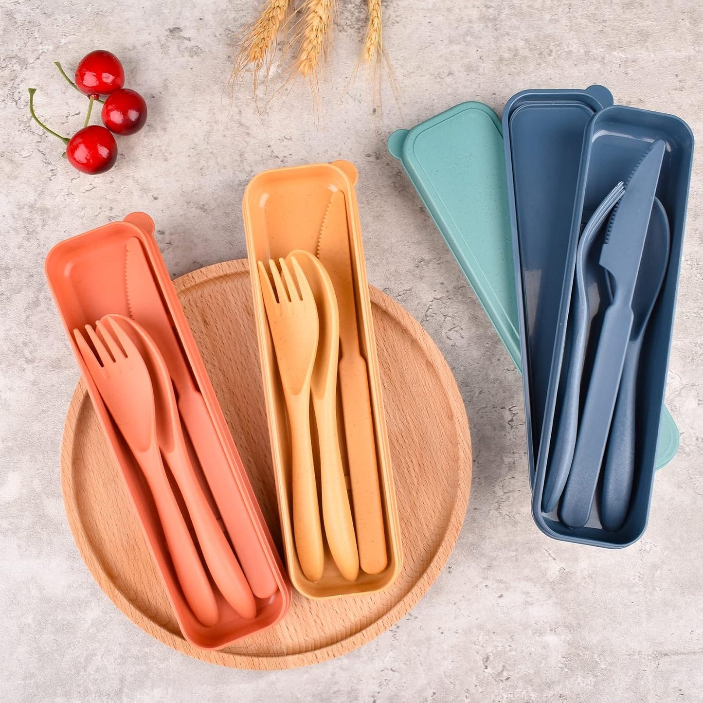 2 Sets Reusable Utensil Set with Case, Portable Plastic Spoons Fork Knife Camping Utensils for Lunch Box Accessories for Kids Adults Travel Picnic Camping Daily Use(Blue, Black)