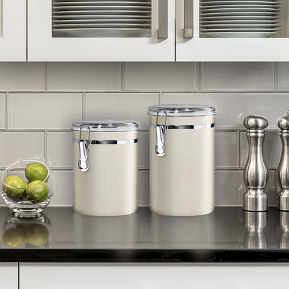 Oggi Stainless Steel Kitchen Canister 62 fl oz - Airtight Clamp Lid, Clear See-Thru Top - Ideal for Kitchen Storage, Food Storage, Pantry Storage. Large Size 5" x 7.5".