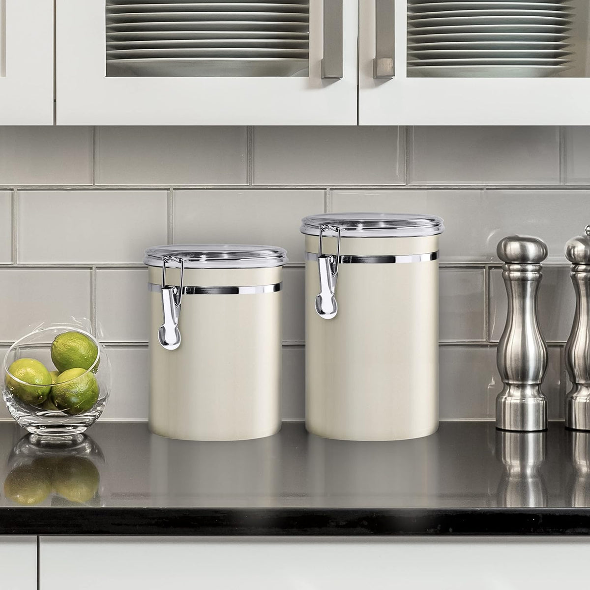 Oggi Stainless Steel Kitchen Canister 62 fl oz - Airtight Clamp Lid, Clear See-Thru Top - Ideal for Kitchen Storage, Food Storage, Pantry Storage. Large Size 5" x 7.5".