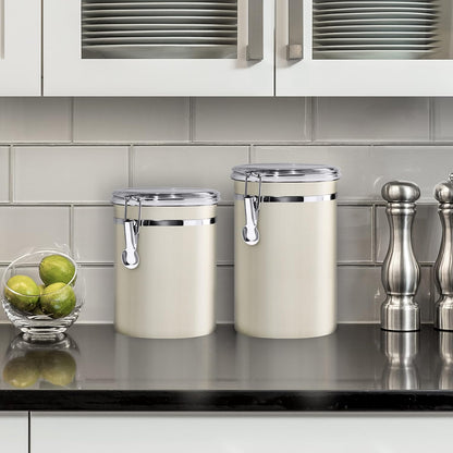 Oggi Stainless Steel Kitchen Canister 62 fl oz - Airtight Clamp Lid, Clear See-Thru Top - Ideal for Kitchen Storage, Food Storage, Pantry Storage. Large Size 5" x 7.5".