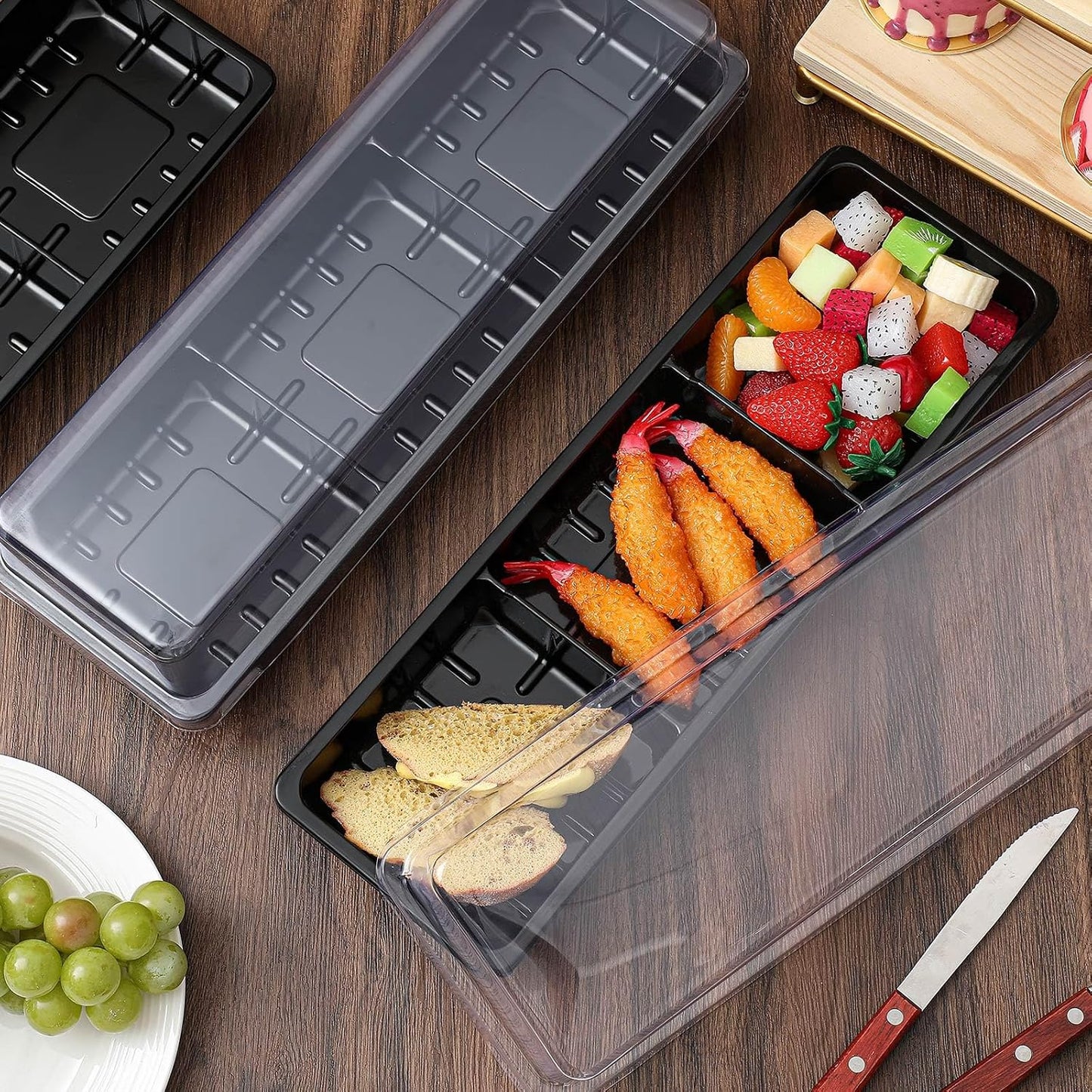 Shellwei 5 Pcs 3 Sections Rectangular Charcuterie Boards with Lid 15 x 5 in Serving Sushi Appetizer Platter Plastic Catering Divided Serving Travel Trays