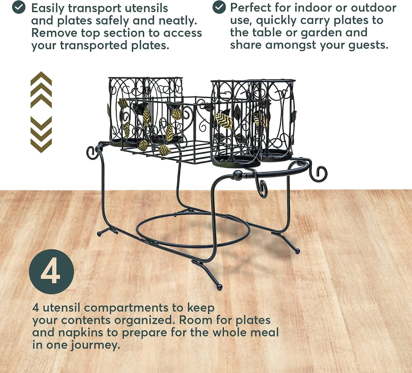 Portable Utensil Caddy for Parties, Elegant Leaf Design Buffet & Silverware Organizer with Napkin Holder, Stainless Steel Plate Storage Caddy for Camping, BBQ & Outdoor Dining