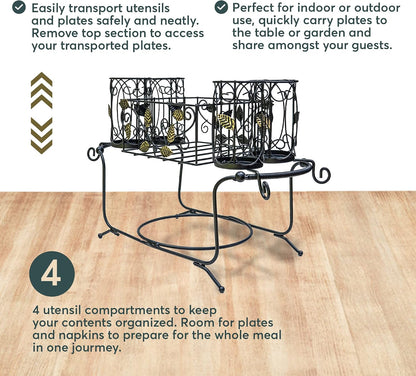 Portable Utensil Caddy for Parties, Elegant Leaf Design Buffet & Silverware Organizer with Napkin Holder, Stainless Steel Plate Storage Caddy for Camping, BBQ & Outdoor Dining