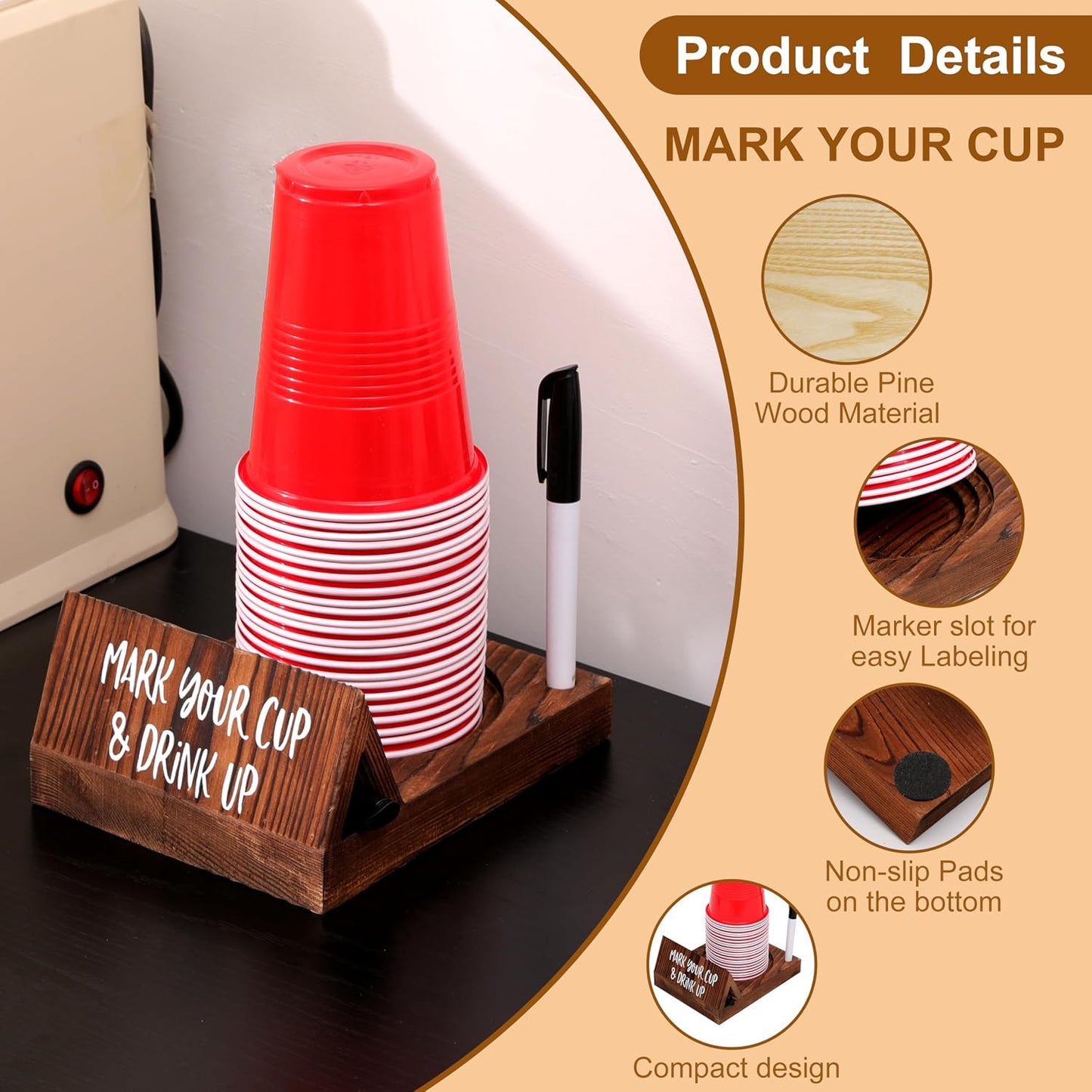 Wooden Brown Party Cup Holder with Marker Slot | Mark Your Cup and Drink Up Cup Holder |Hosting Party Essentials |Disposable Mug Dispenser for Birthday, BBQ, Holiday Events,Housewarming Gift (Brown)