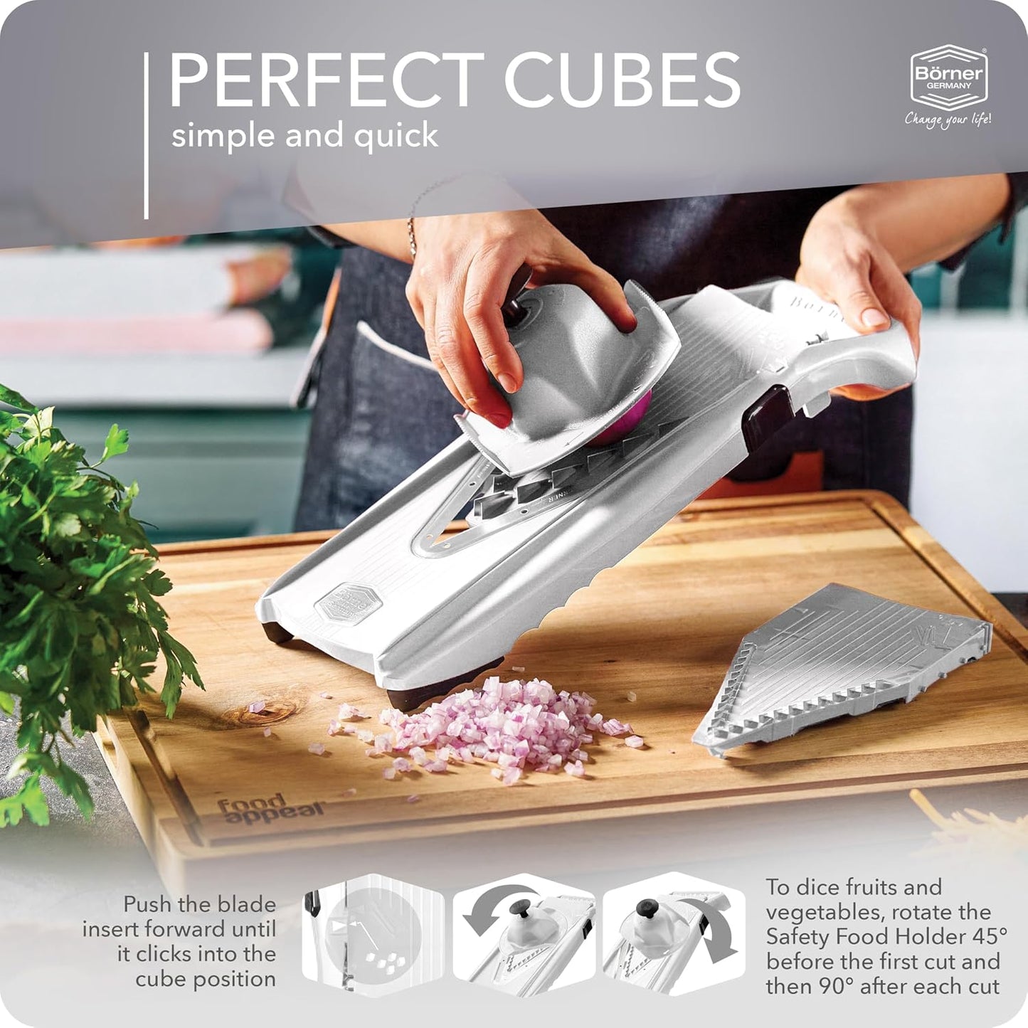 Börner Mandoline Slicer V5 (Basic Set) • Vegetable V-Slicer for Slices in 4 Thickness Settings • Stainless Steel V-Blade • Adjustable Kitchen Slicer for Vegetables & Fruits • Color: Green