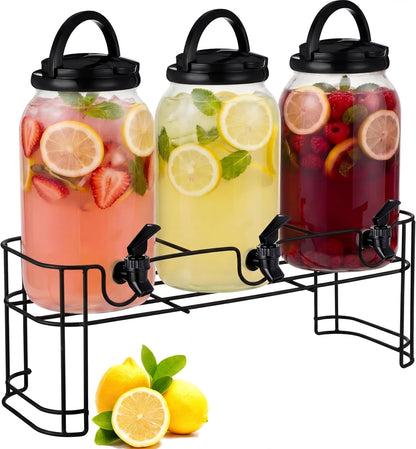 Tanlade 3 Pcs Plastic Drink Dispenser with Stand Beverage Dispenser with Sturdy Metal Base Juice Dispensers for Parties Lemonade Jar Spigot for Weddings Countertop, Each 1 Gallon(White)