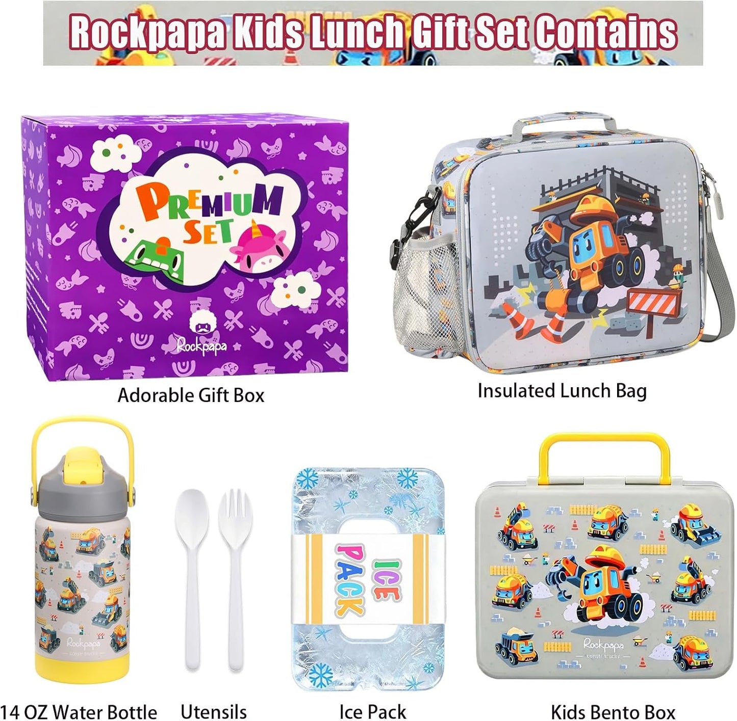 rockpapa Chill Kids Lunch Box Set with Leakproof 5.5 Cups Bento Box, Reusable Ice Pack, 14oz Insulated Water Bottle & Lunch Bag, BPA-Free Microwave Safe for School Boys Girls (Black Games)