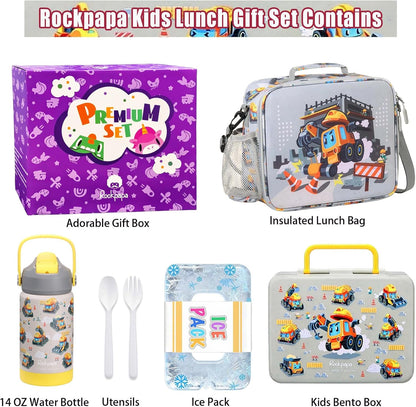 rockpapa Chill Kids Lunch Box Set with Leakproof 5.5 Cups Bento Box, Reusable Ice Pack, 14oz Insulated Water Bottle & Lunch Bag, BPA-Free Microwave Safe for School Boys Girls (Black Games)