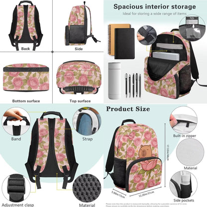 Cute Capybara Pizza Backpack for Girls, 5 Pcs Boys School Bag Set for Kids, 17 Inch Backpacks Lunch Pencil Box Reusable Utensils Case Set for Middle Elementary School, 3rd Grade Backpack