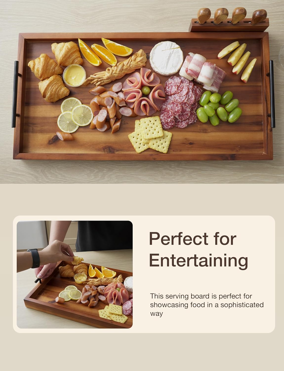 TIDITA Acacia Large Charcuterie Boards for Party with Cheese Knife Set of 4 – Acacia Wood Serving Tray with Handles, Long Charcuterie Board, Wooden Cheese Board (Walnut Color, 30 Inch)