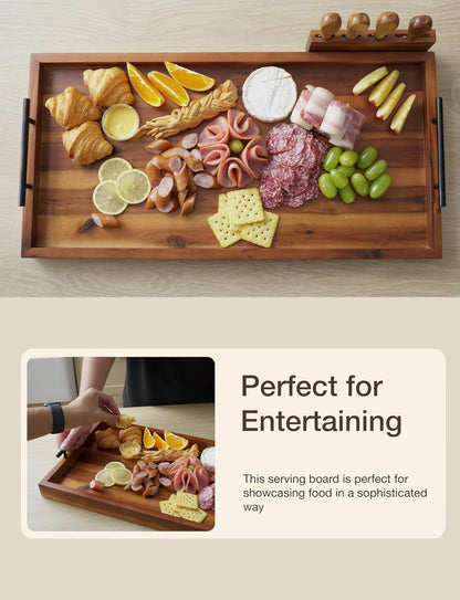 TIDITA Acacia Large Charcuterie Boards for Party with Cheese Knife Set of 4 – Acacia Wood Serving Tray with Handles, Long Charcuterie Board, Wooden Cheese Board (Walnut Color, 30 Inch)