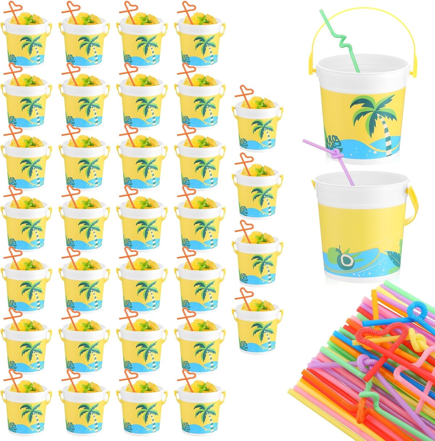 20 Pcs 32 oz Plastic Cocktail Rum Buckets with Handles for Drinks with 100 Colorful Straws Reusable Portable Drink Buckets for Beach Summer Bar Parties
