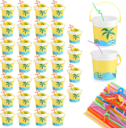 20 Pcs 32 oz Plastic Cocktail Rum Buckets with Handles for Drinks with 100 Colorful Straws Reusable Portable Drink Buckets for Beach Summer Bar Parties