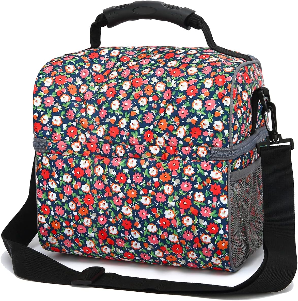 FlowFly Double Layer Cooler Insulated Lunch Bag Adult Lunch Box Large Tote Bag for Men, Women, With Adjustable Strap,Front Pocket and Dual Large Mesh Side Pockets