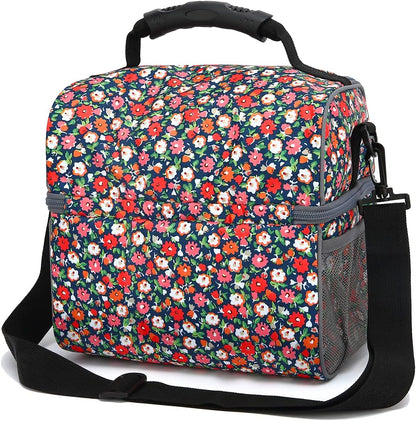 FlowFly Double Layer Cooler Insulated Lunch Bag Adult Lunch Box Large Tote Bag for Men, Women, With Adjustable Strap,Front Pocket and Dual Large Mesh Side Pockets