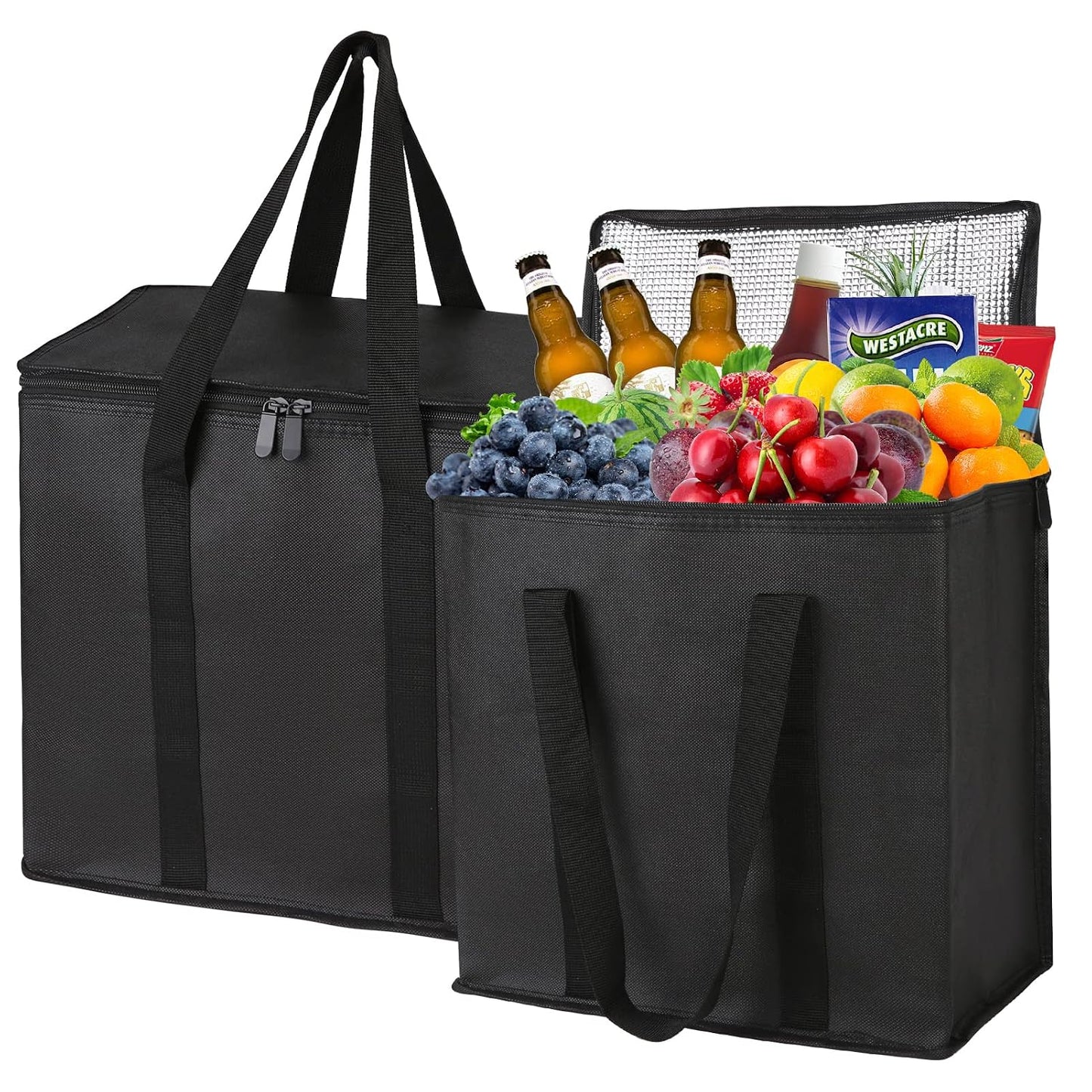 musbus 2-Pack, XL-Large Insulated Grocery Shopping Bags, Black, Reusable Bag,Thermal Zipper,Collapsible,Tote,Cooler,Food Transport hot and Cold,Camping