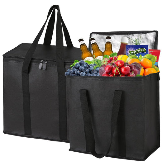 musbus 2-Pack, XL-Large Insulated Grocery Shopping Bags, Black, Reusable Bag,Thermal Zipper,Collapsible,Tote,Cooler,Food Transport hot and Cold,Camping