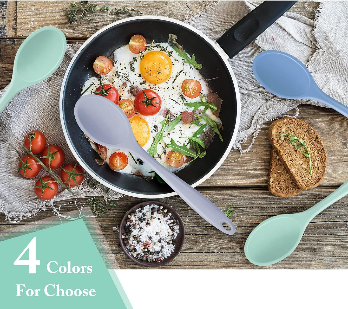 Shappy 4 Pieces Silicone Cooking Spoons 10.6 Inch Heat Resistant Kitchen Spoons for Mixing, Serving and Stirring Upgrade Large Non Stick Basting Utensils, Dishwasher Safe(Spoon,Fashionable Color)