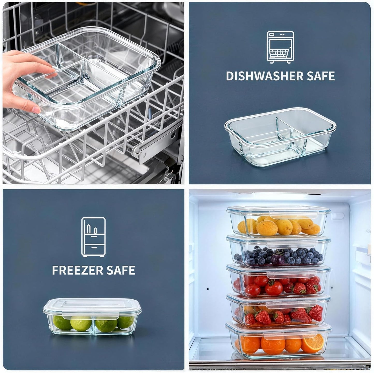 Glass Meal Prep Containers 5 Pack - Lunch Boxes with Leakproof Lids, Food Storage Containers, Bento Boxes, Gray (3 Compartment)