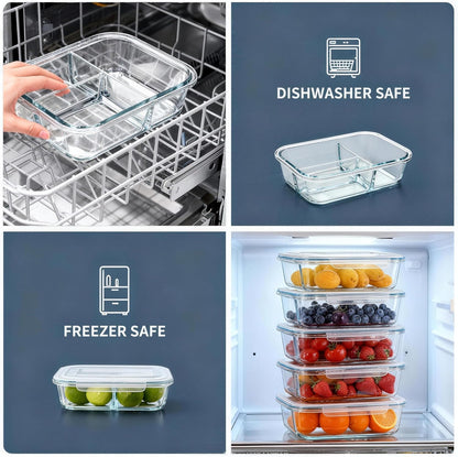Glass Meal Prep Containers 5 Pack - Lunch Boxes with Leakproof Lids, Food Storage Containers, Bento Boxes, Gray (3 Compartment)